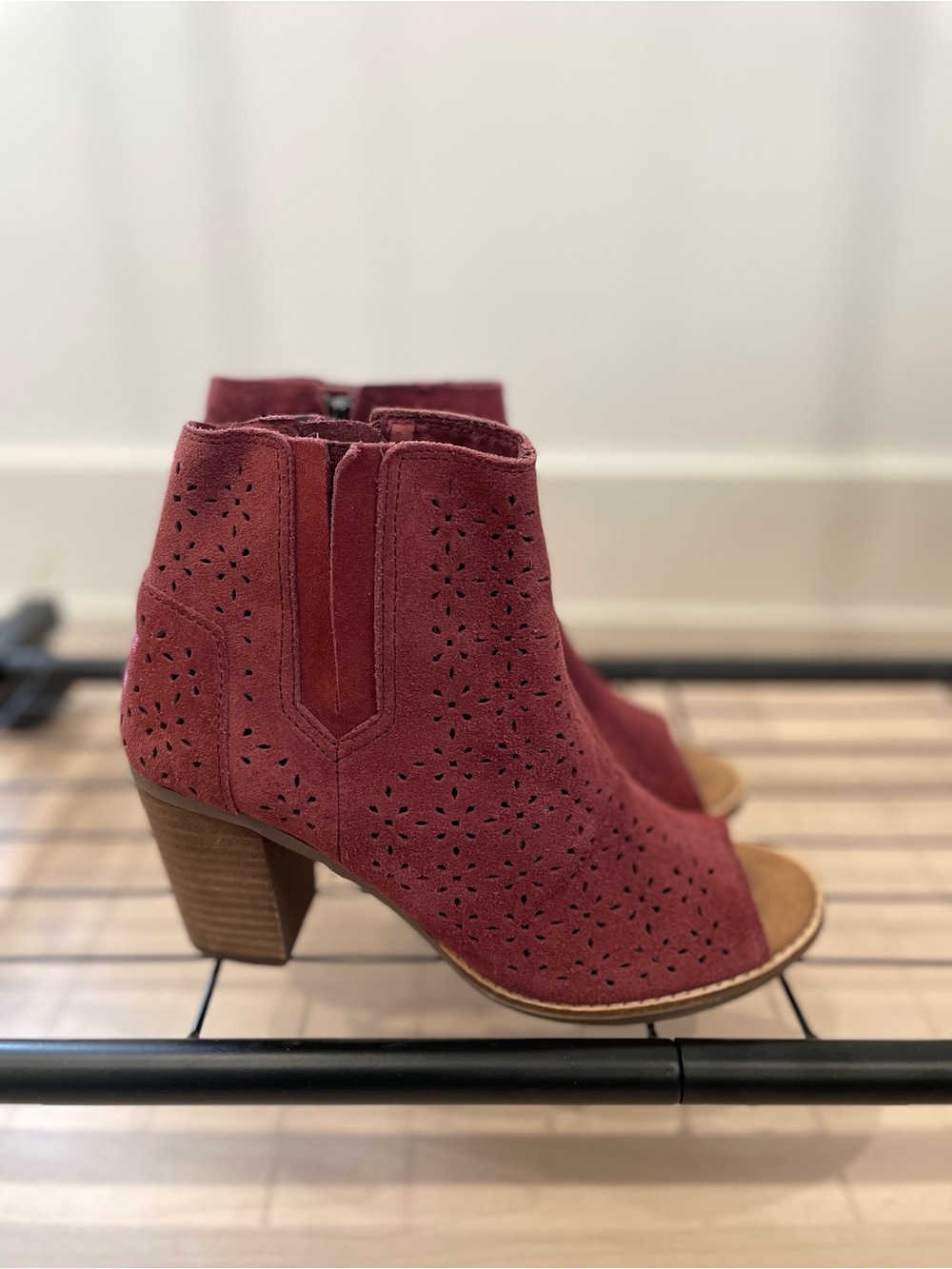 TOMS Perforated Suede Peep-Toe Booties | Marsala/Burgundy